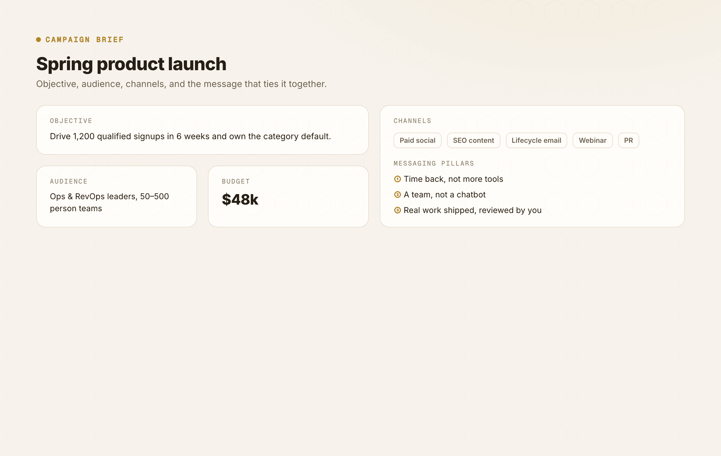 A full campaign brief — objective, audience, channels, and the message — from a one-line goal.