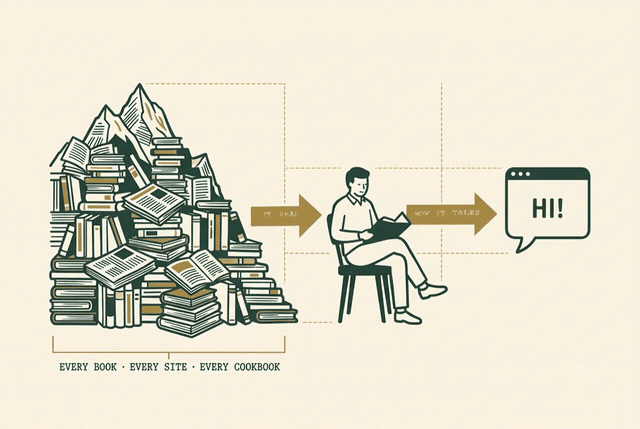 A mountain of words (every book, website, cookbook) → one reader → a chat window saying "hi!"