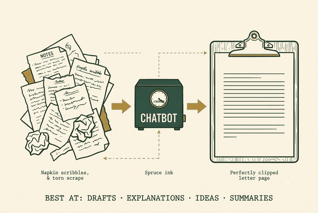 Messy scraps (notes, rambles) → chatbot (5 seconds) → a clean draft. Best at drafts · explanations · ideas · translations · summaries.