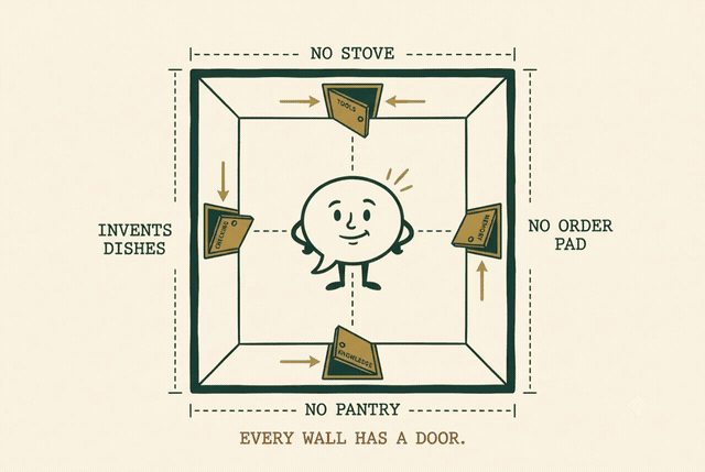 The talker inside four walls: NO STOVE · NO ORDER PAD · NO PANTRY · INVENTS DISHES — walk through all four doors and it's not a talker anymore.