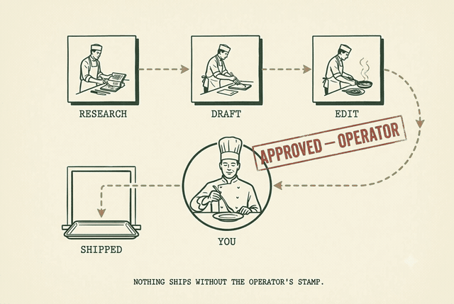 Three agent stations — research, draft, edit — feeding an operator gate; nothing ships without the operator’s stamp