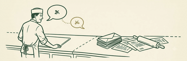 A chatbot answers a question while the work stays on the counter
